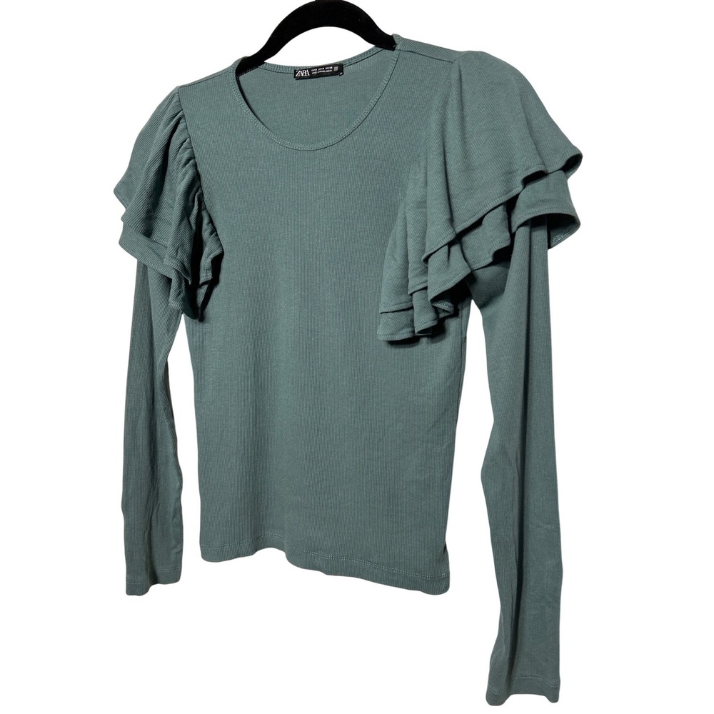 ZARA Ribbed Long Sleeve Ruffle Shoulder Top Teal Green Women's Size Medium